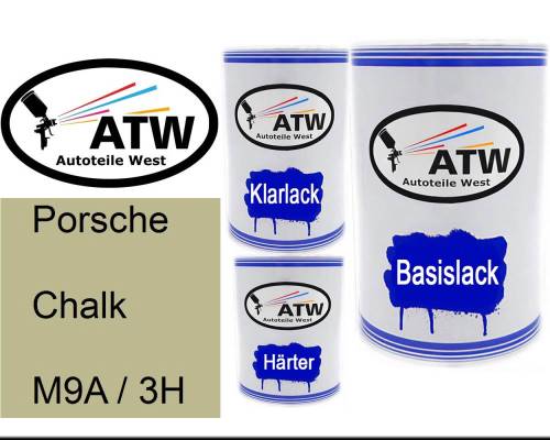 Porsche, Chalk, M9A / 3H: 500ml Lackdose + 500ml Klarlack + 250ml Härter - Set, von ATW Autoteile West.